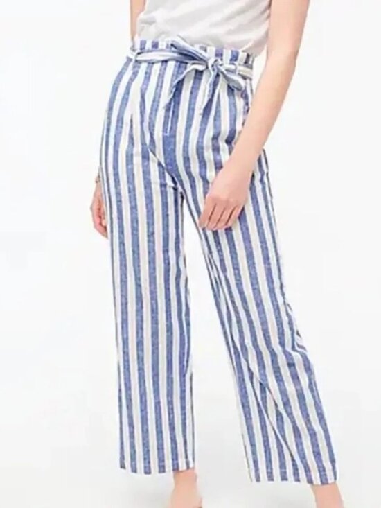 J. Crew Pants - J. CREW Blue & White Linen Stripe Crop Paperbag Waist with Tie Pants - EUC
